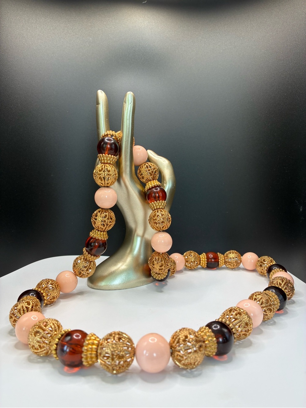 Vintage Gold & Amber Chunky Filigree & Peach Bead Statement Necklace